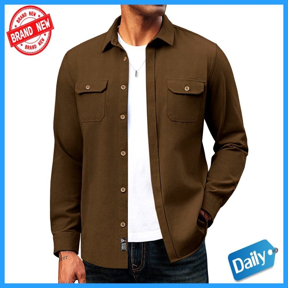 Lightweight Cotton Twill Shacket Classic Workwear Style Button Down Jacket with